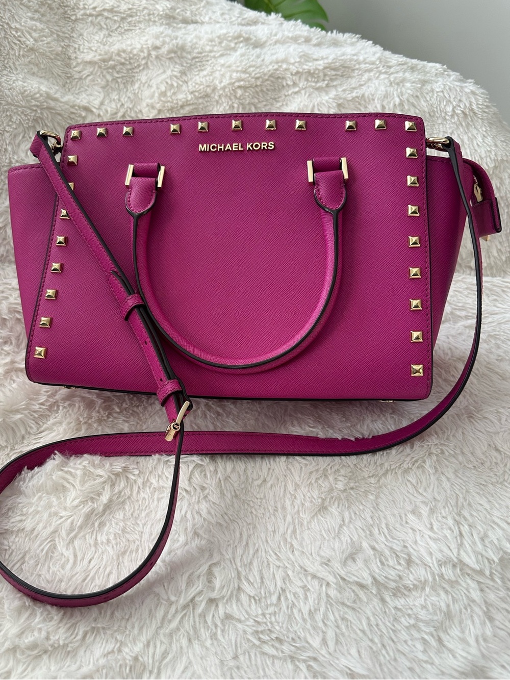 Michael Kors Magenta Studded Saffiano Leather Satchel - Picture 8 of 8